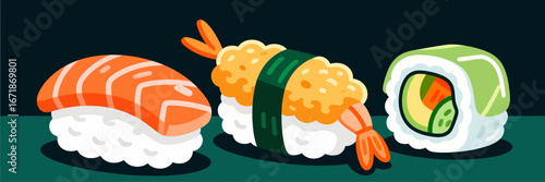 Colorful Sushi Platter: Salmon, Shrimp, and Vegetable Rolls on Dark Background