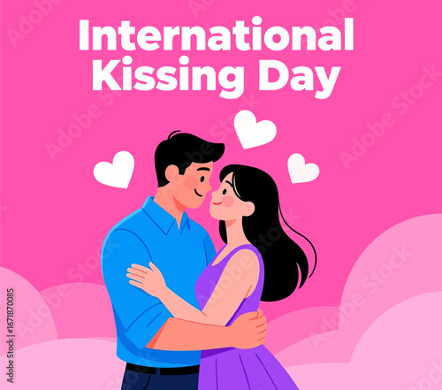 Couple Celebrating International Kissing Day with Hearts