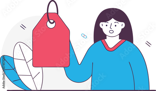 Illustration of a shocked woman holding a red price tag promoting sales and discount offers with leaf decorations for a modern minimalistic e commerce design