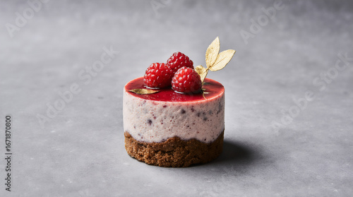 A glossy raspberry mousse mini cake with gold leaf decoration is photographed in close-up on a matte gray background