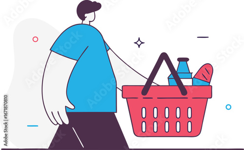 Man carrying shopping basket with groceries illustration representing consumerism and retail activity in a simple flat design against a clean white background perfect for websites