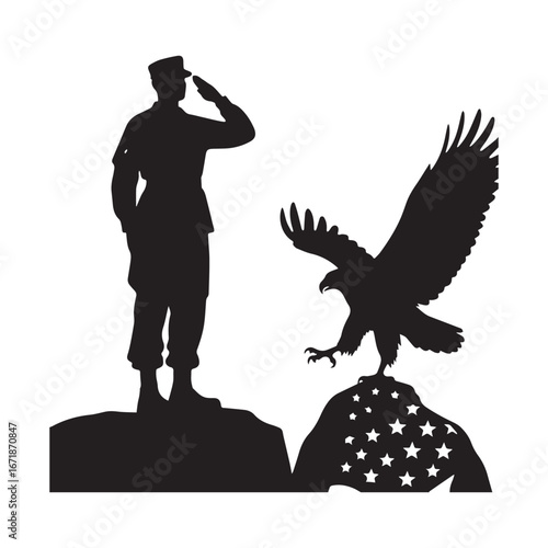 A silhouette illustration of a U.S. soldier saluting an eagle on the 4th of July.