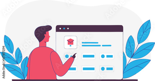 Man Interacting with an Online Education Platform with Course Selection and Graduation Cap Icon Demonstrating Digital Learning and Skill Development in Modern Elearning Landscape