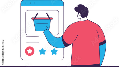 Man Interacting with Ecommerce Application on Smartphone Checking a Shopping Basket Evaluating Star Ratings and Browsing Online Store for Products and Deals