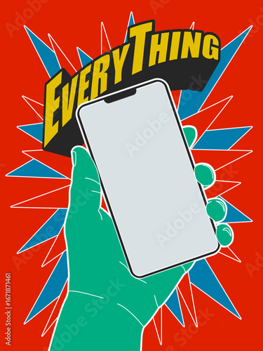 "EveryThing" Abstract Hand Vector. A minimalist vector illustration of a hand holding a smartphone, with the word "EveryThing" representing digital reliance and modern social media culture.