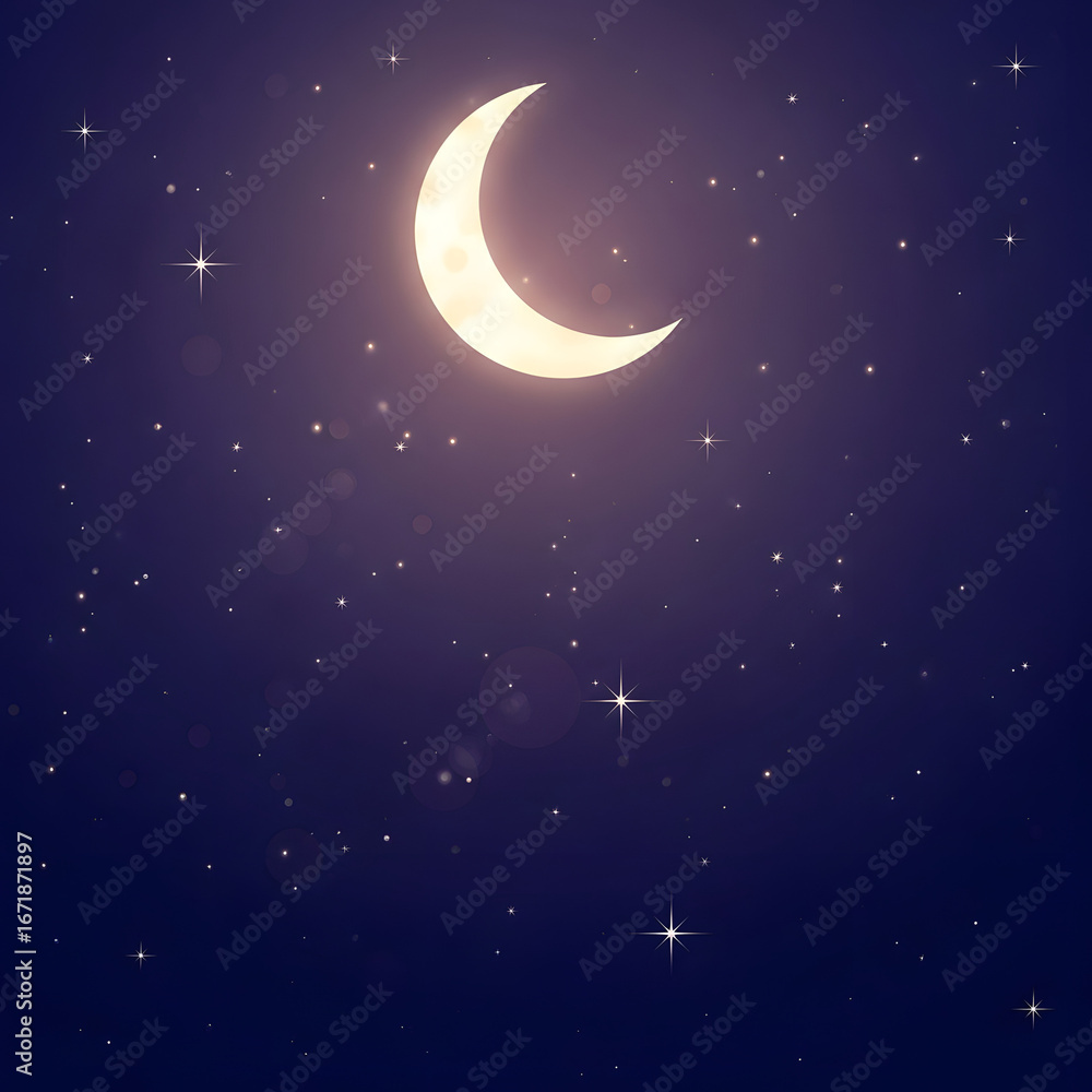 Naklejka premium Glowing Magical Crescent Moon in Dark Starry Night Sky