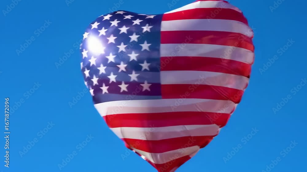 Patriotic heart balloon floats, clear sky background, celebration