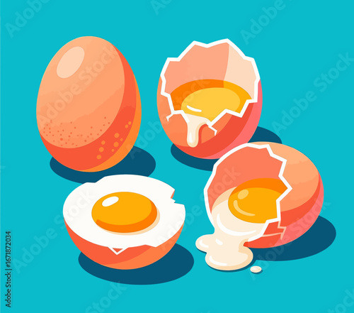 Four Eggs in Various Stages of Cracking on Turquoise Background