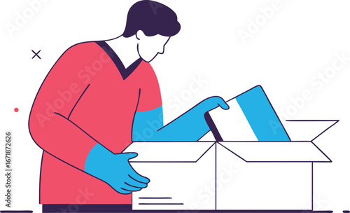 Man Unpacking a Cardboard Box Graphic Illustration of a Person Looking into an Open Parcel Filled with Contents Package Delivery Concept for Ecommerce and Logistics Visual Representation