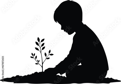Silhouette of a child planting a small tree, nurturing nature, environmental care, growth, gardening, outdoor activity, young gardener, eco-friendly, nature preservation, soil planting, green future
