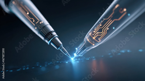 Futuristic pen digital circuit microchip pattern precision tip glowing trace metallic tool closeup technology concept blue light innovation