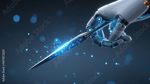 Ai surgical scalpel robot hand precision healthcare tech sterile blade futuristic detail blue glow minimal clean surgery vision calm focus