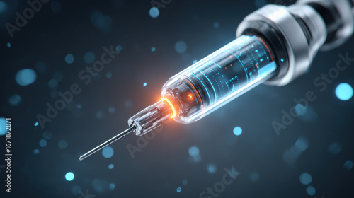 Ai futuristic syringe sterile needle medical device biotech blue glow closeup macro detail surgery evokes precision and calm