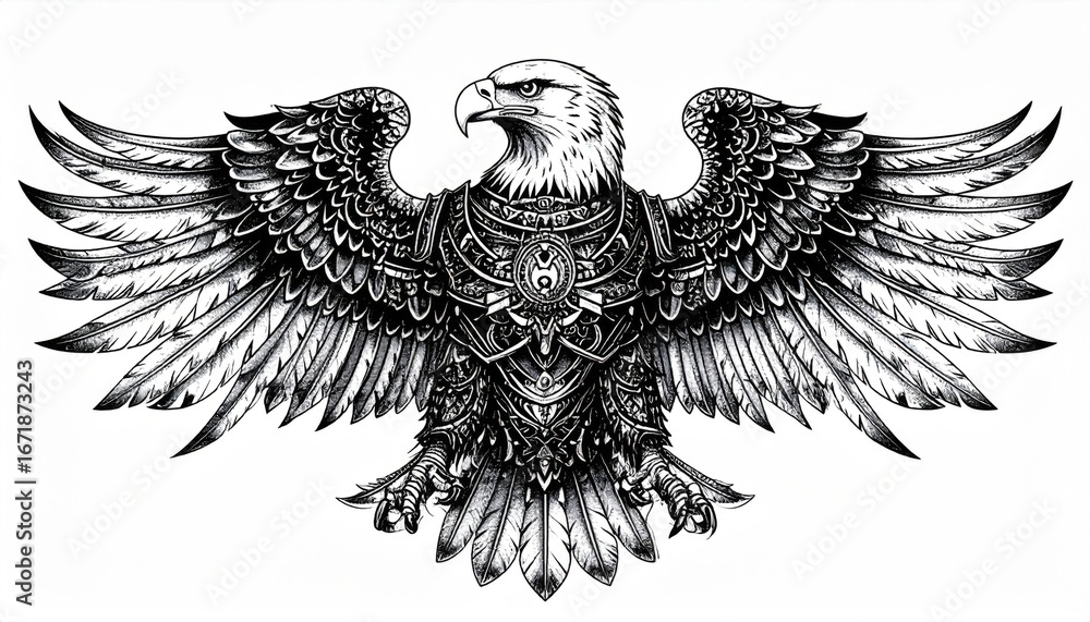 Obraz premium Illustration of an Eagle with Spread Wings in Black and White Sketch Style