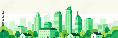 Green Cityscape: Skyscrapers and Trees in Serene Urban Sunset
