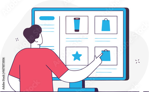 Online Shopping Experience Man Browsing Products on Computer Screen Conceptual Illustration for Ecommerce and Retail Digital Marketing Platform or Website Design Layout and User Interface