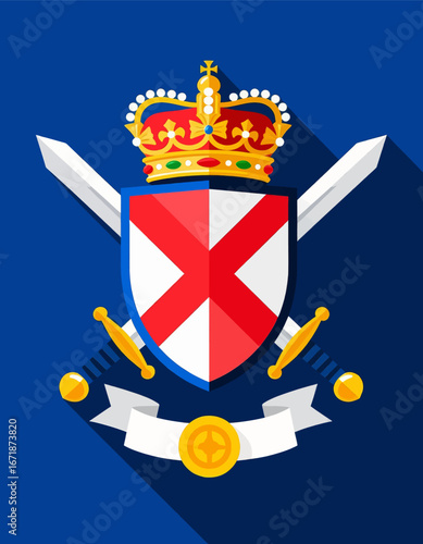 Heraldic Shield with Red Cross and Golden Crown on Blue Background