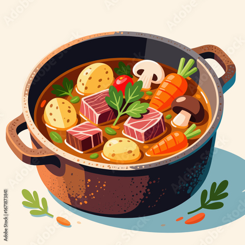 Heartwarming Beef Stew with Fresh Vegetables in Rustic Pot