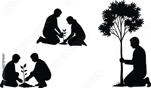 Silhouette of people planting trees, environmental conservation, teamwork nature activity, reforestation effort, green earth concept, eco-friendly gardening, sustainable growth