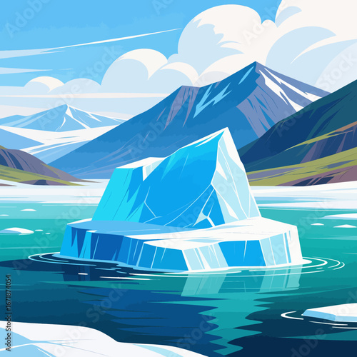 Iceberg in Arctic Waters with Snowy Peaks