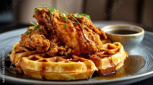 Waffles served with fried chicken and hot honey, Southern brunch style, rich and bold look