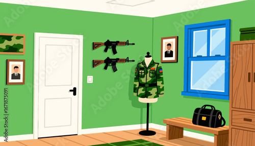 Military-Themed Room with Camouflage Uniform and Weapons Display