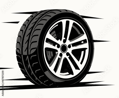 Modern Car Tire with Silver Rim on Motion Blur Background