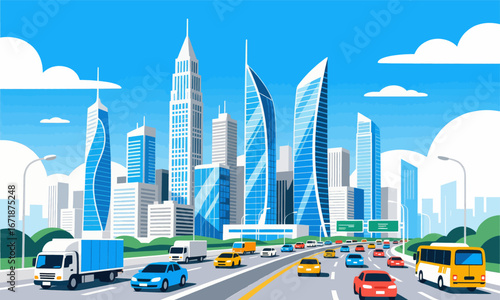 Modern Cityscape Traffic under Clear Blue Sky