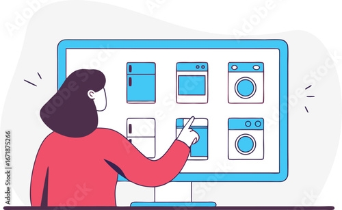 Woman Browsing Appliances Online on a Large Computer Screen Modern Shopping Experience and E Commerce Concept Selecting Home Appliances Digitally