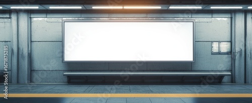 Blank Billboard on Subway Platform with Concrete Walls and a Bench