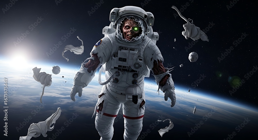 Fototapeta premium Astronaut floating in space with debris and earth in the background