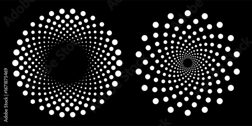 Halftone circular dotted frames set. Circle dots texture isolated on white background. Spotted spray texture. Vector abstract design element spiral circle sound wave vector logo modern black and white