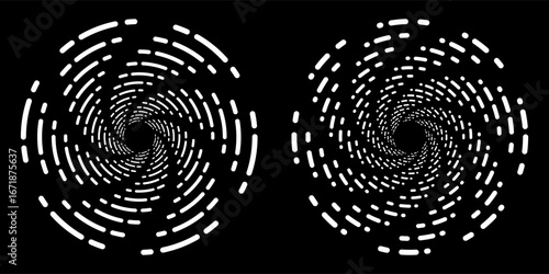 Halftone circular dotted frames set. Circle dots texture isolated on white background. Spotted spray texture. Vector abstract design element spiral circle sound wave vector logo modern black and white