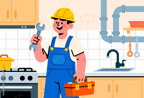 Plumber at Work in Cozy Kitchen with Tools
