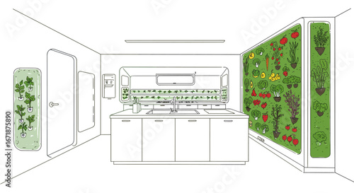 Modern kitchen design with vertical indoor garden and innovative hydroponic system