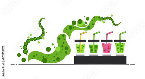 Creative flat design of colorful smoothie drinks with green organic patterns