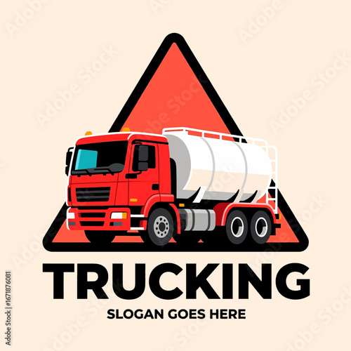 Red Truck Logo Design: Tanker Truck with Danger Triangle, Modern Minimalist Style