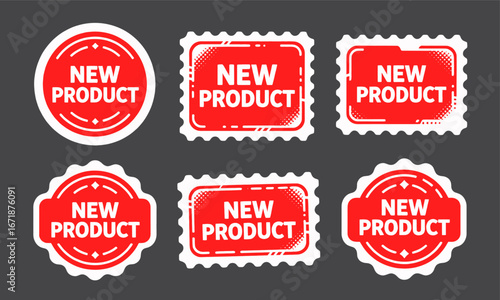Red "New Product" Labels in Various Shapes on Dark Background