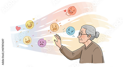 Elderly woman contemplates varied emotions in colorful cartoon style
