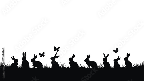 Black silhouette rabbits and butterflies on grass bunny 3