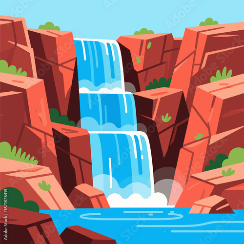 Serene Waterfall in Red Canyons with Lush Greenery