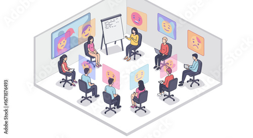 Office team meeting with presentation in isometric conference room