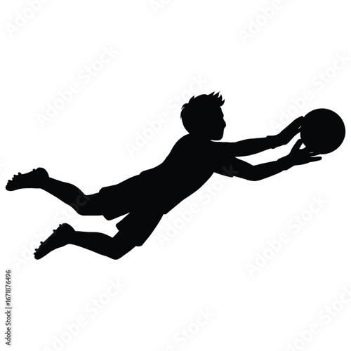 Young soccer goalkeeper diving silhouette isolated on white background