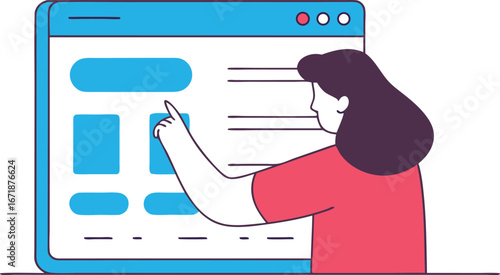 Woman interacting with a digital interface concept of user experience and interface design demonstrating web development and website layout planning using modern technology for improved usability