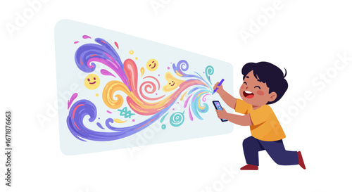 Child creating colorful digital art with tablet and stylus in whimsical style