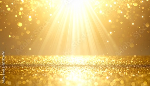 Golden beams cascade onto a glittering surface, scattering light across floating bokeh. The radiant scene evokes celebration, divinity, and the shimmering texture of luminous transformation.