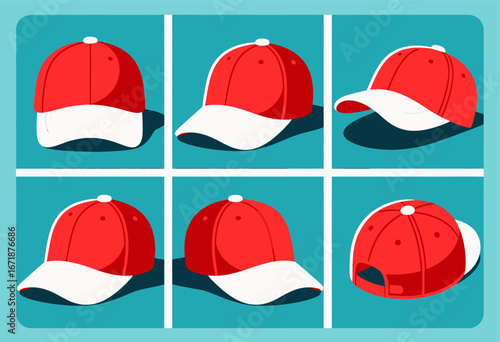 Six Red Baseball Caps in Various Angles on Turquoise Background