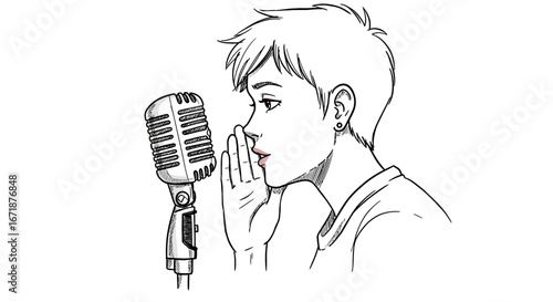 Singing woman in retro style microphone sketch with short hair