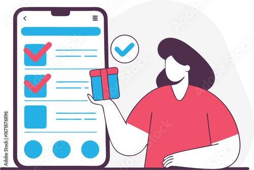 Woman receiving online order and managing tasks on a mobile app with checklist and reward system illustrating user engagement and shopping experience