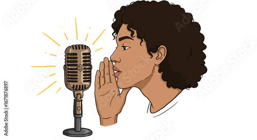 Person speaking into vintage microphone illustration with radiating lines
